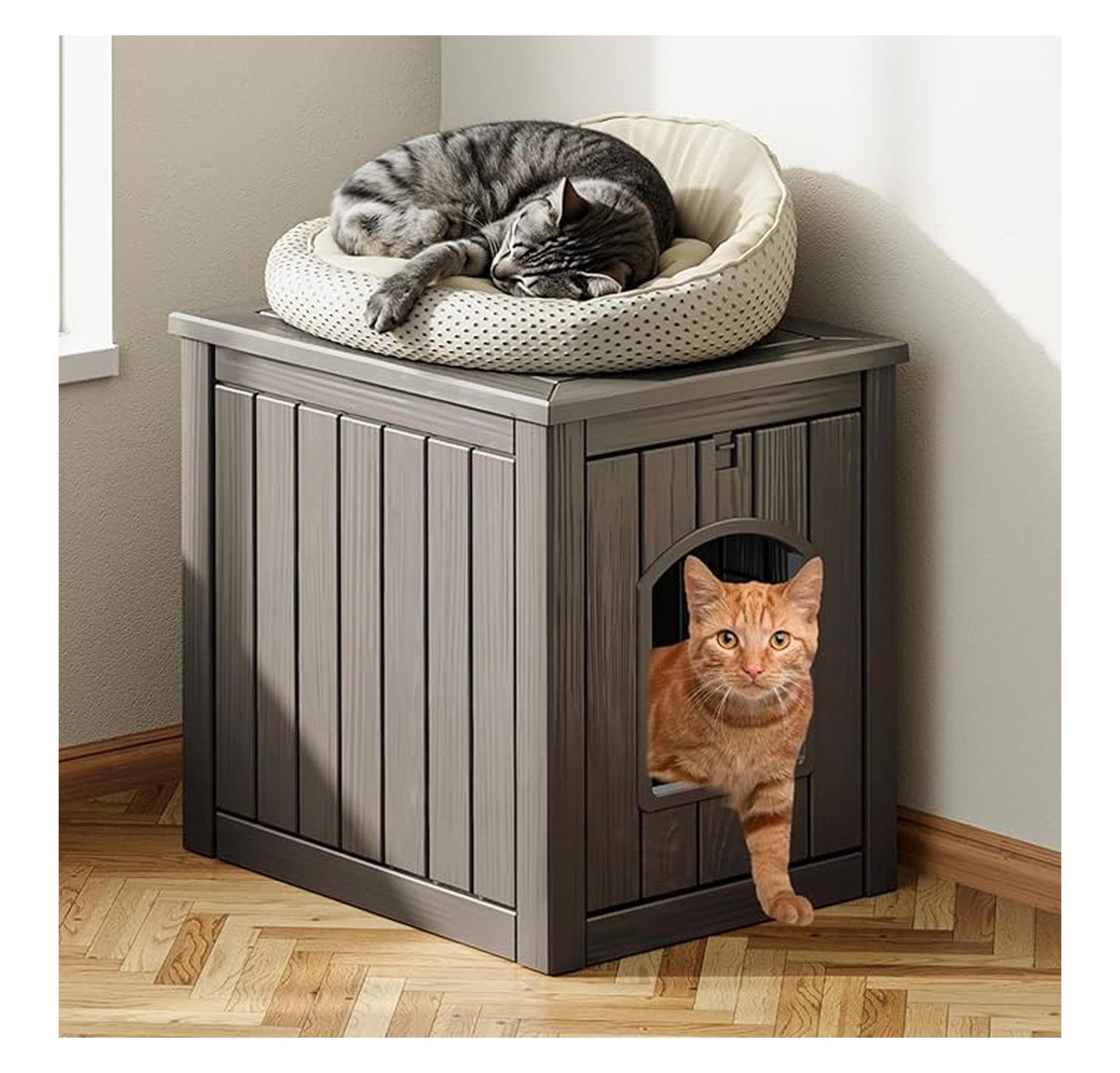 Cat House Indoor Outdoor, PP Plastic Cat Shelter - Large Gray Cozy Pet House for Cats & Kittens, Easy Assembly, Waterproof, All-Season Hideaway
