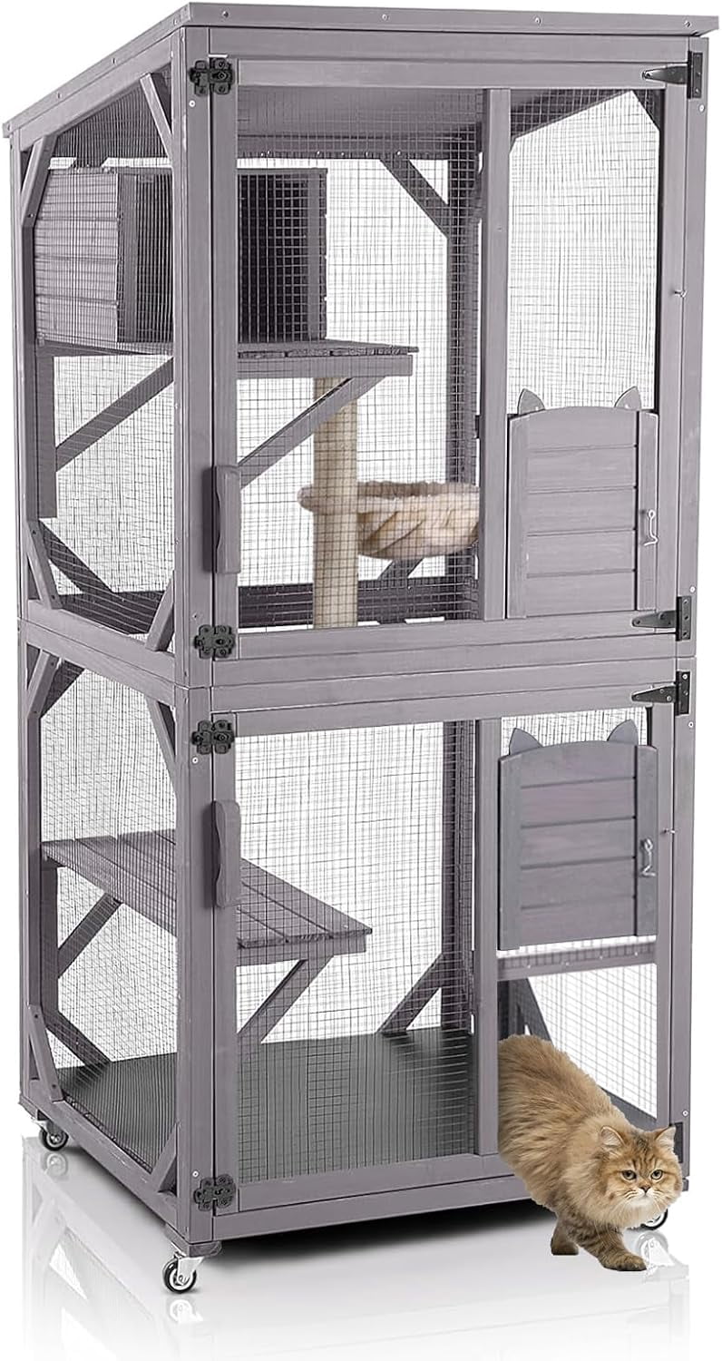 Cat House Outdoor Catio Cat Enclosures on Wheels 70.9" Kitty House with Upgraded Resting Box,Waterproof Roof