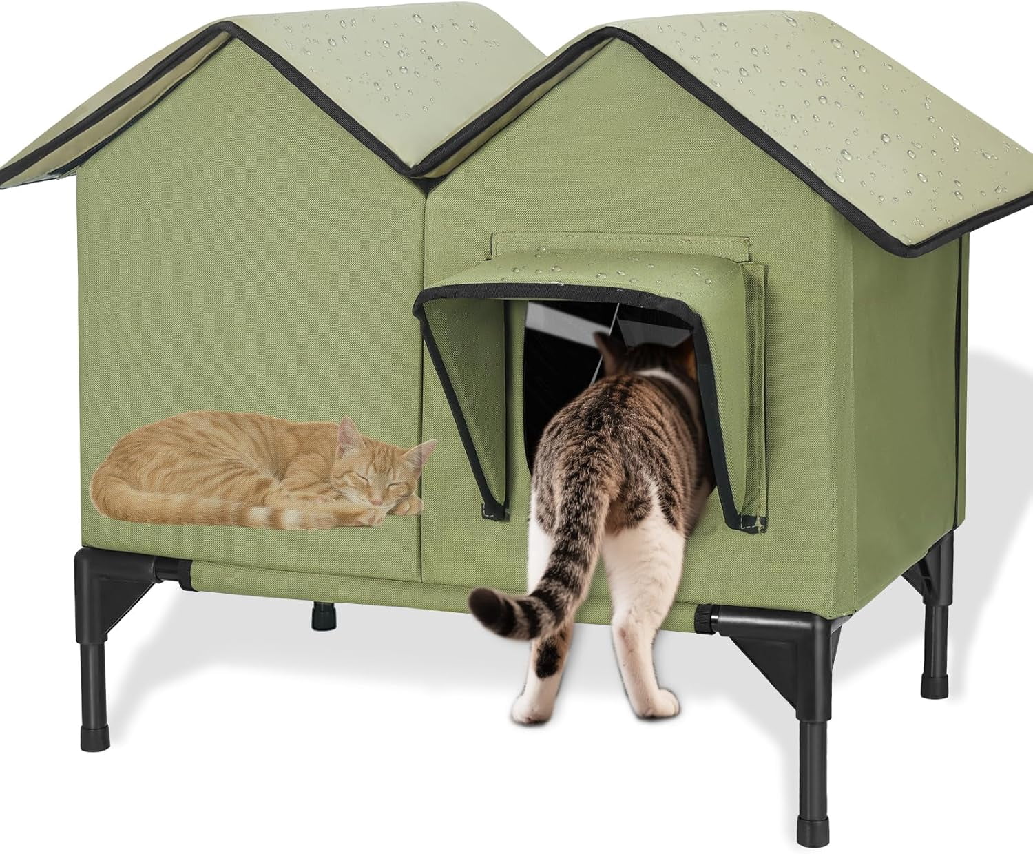 Cat House for Outdoor Cats, Large Outdoor Cat House Weatherproof with Elevated Base, Waterproof Insulated Feral Outdoor Cat Shelter for Multiple Cats Small Dogs (Green, Large)
