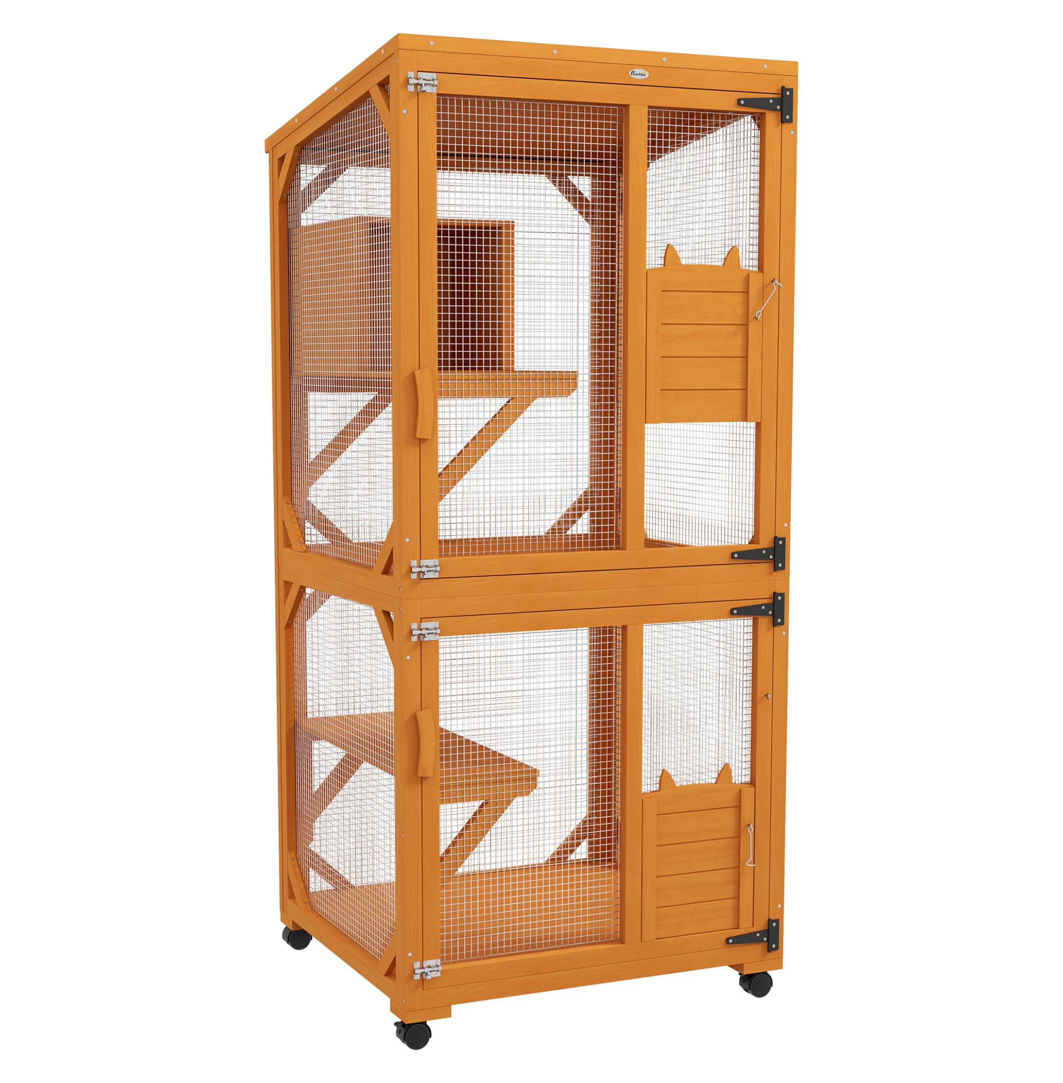 Cat House Outdoor Indoor, 71" Wooden Catio Enclosure, Large Cat Condo with Asphalt Roof & Wheels, for 1-3 Cats - Orange