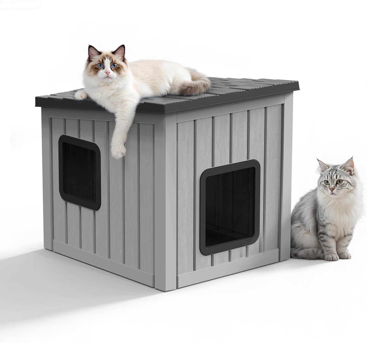 Cat House Outdoor Waterproof,Resin Cat Shelter Feral,Easy to Clean Durable Slanted Top,Cat Bed for Cats and Easy to Assemble (Black, 24.65 * 21.5 * 22.21in)