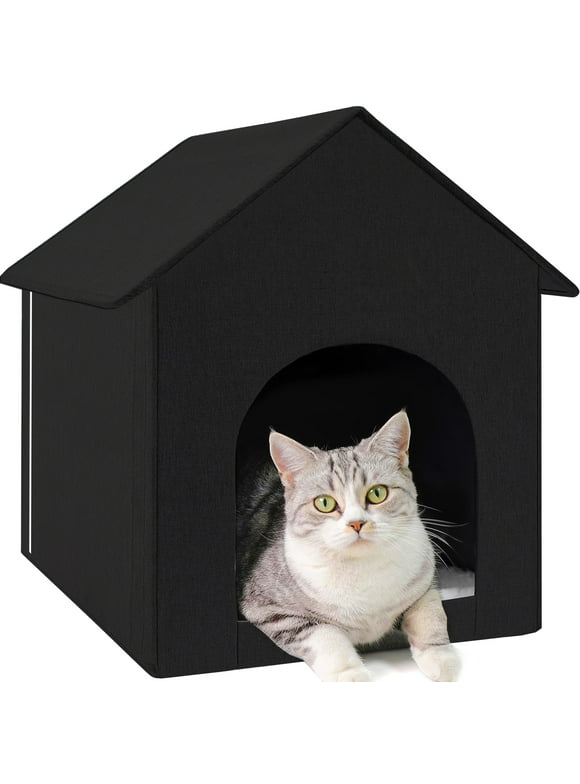 Cat House, POPO Waterproof Cat Bed with Removable Soft Cushion, Outdoor Kitty House 17 x13 x17 inches , Black