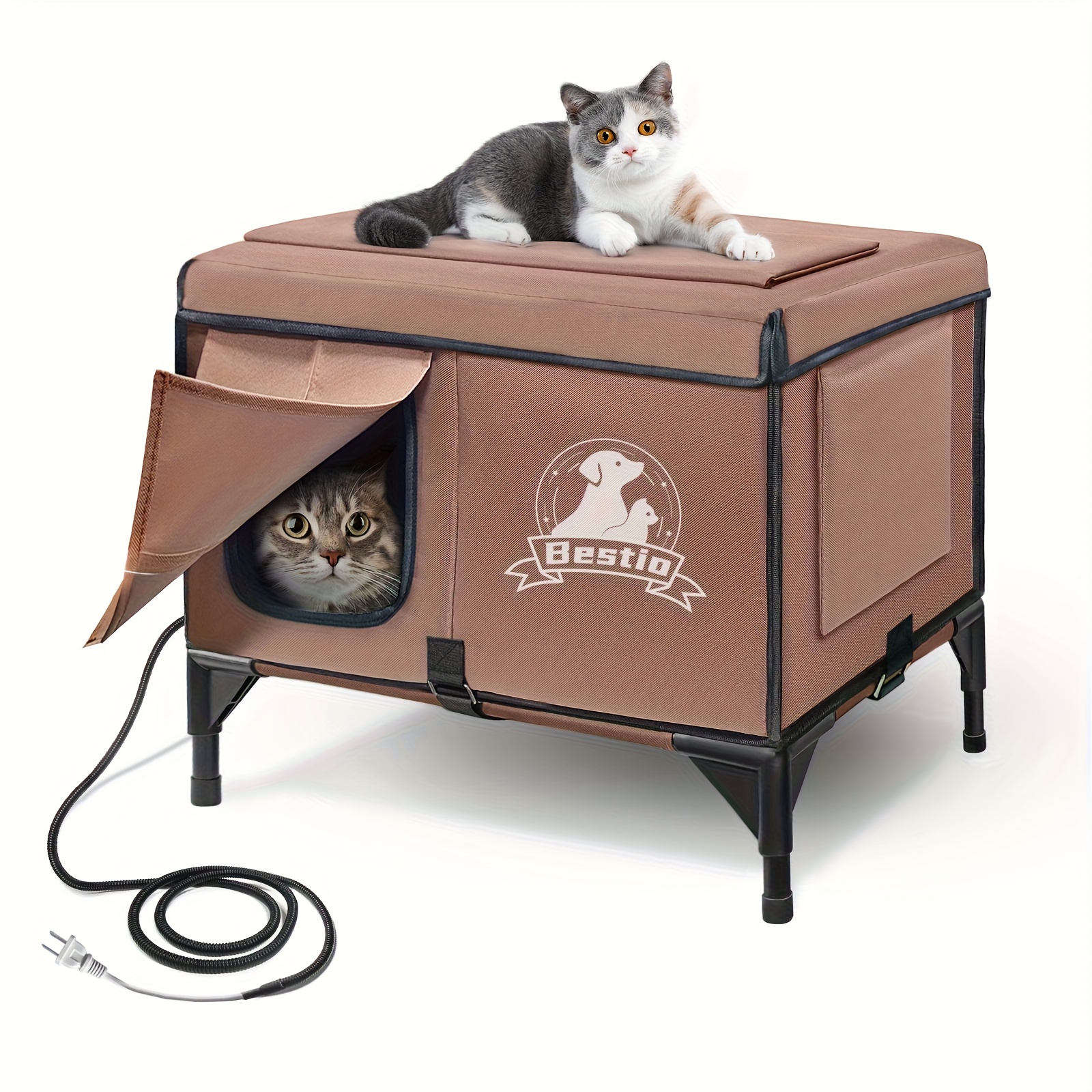 Cat House with Pet Heating Pad & Elevated Bed, 3-in-1 Design, Featuring ... - Cat Beds With Built-In Heating Pads