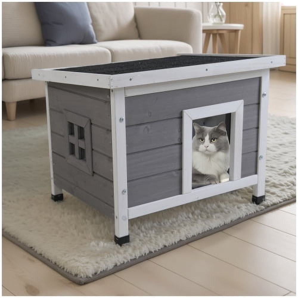 Cat House, Waterproof Feral Kitty Shelter with Asphalt Roof, Outdoor Indoor Wooden Rabbit Hutch for Small Animals for Patio Barn Garage, Gray