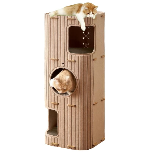Inadays Cat House for Indoor Cats, 3-Storey Cozy Felt Cat Bed Cave with Tunnel Hideaway, Large Multi-Cat Condo for Rest & Play, Camel