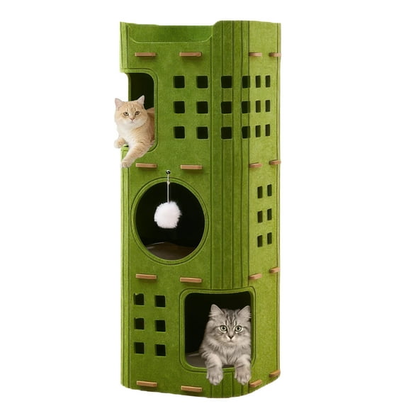 Inadays Cat House for Indoor Cats, 3-Storey Cozy Felt Cat Bed Cave with Tunnel Hideaway, Large Multi-Cat Condo for Rest & Play, Green