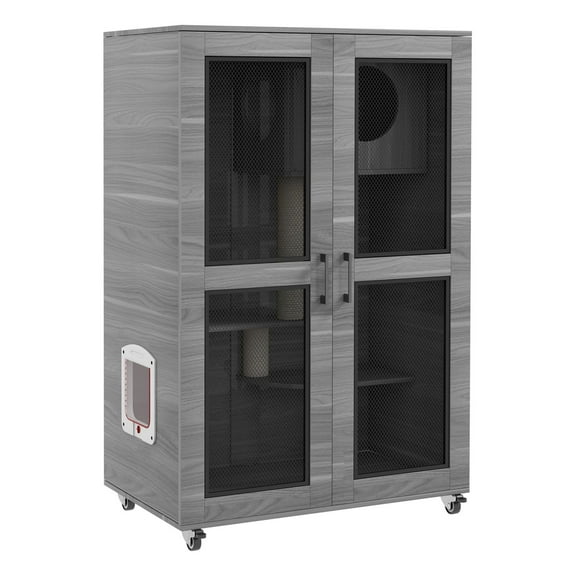 Cat House with Tree, Kitty Cage with Scratching Posts, Lockable Wheels - Gray Condo Enclosure for Indoor Cats up to 10 lbs