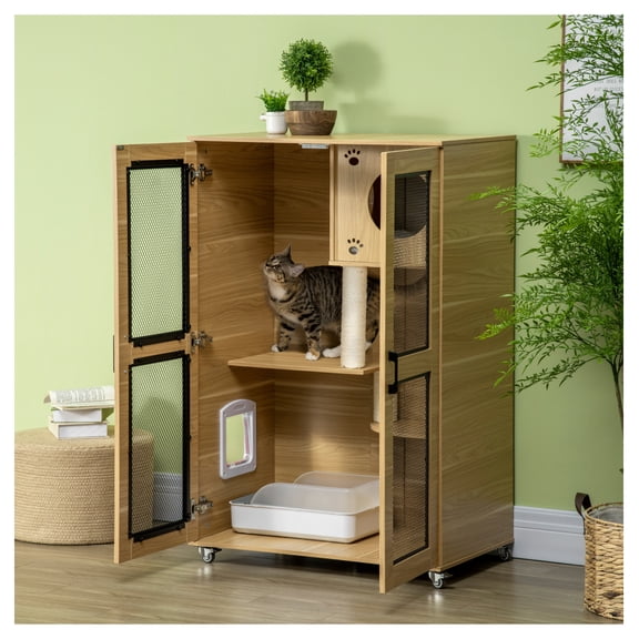 Cat House with Wheels, Indoor Cat Cage Catio Villa with Scratching Posts, Condo, Flap Door, Cushion, Oak 31.5" x 20" x .5"
