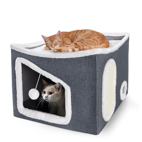 Cat Houses for Indoor Cats, Foldable Kennel Bed, Large Cat Bed with Scratch Pad and Fluffy Ball Hanging, Cat Cave Summer House for Small Medium Large Cats, Gray