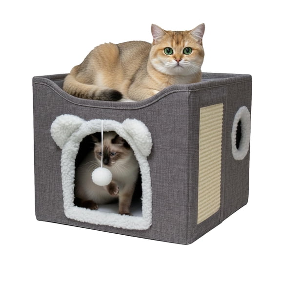 Cat Houses For Indoor Cats Large Bed Cave Kitten Cube Box Condo With Pad Hanging Fluffy Ball & Peekaboo Window Foldable Hideaway Hand-washable(16x16x13.3 Inches Grey)