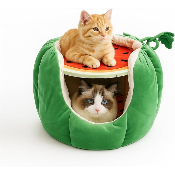 Cat Houses for Indoor Cats, Small Cat Tree with Sisal Ropes and Plush Perch, Cute Cat Bed Cave with Soft Pillow, Watermelon Design