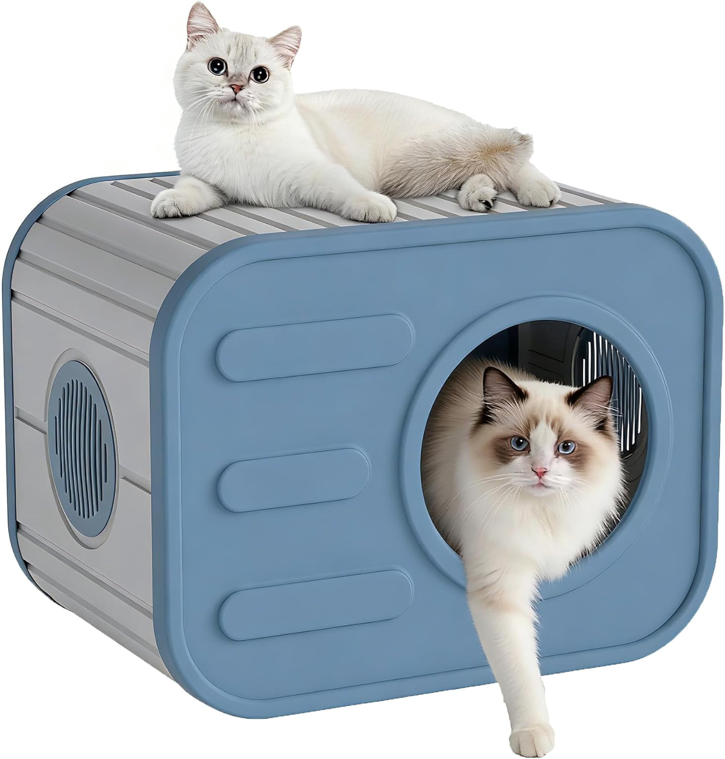 Cat Houses for Outdoor Indoor Cats, Insualted Outdoor Cat House Weatherproof with Camera-Shaped Design, Sturdy Resin Shelter for Patio, Garden Blue