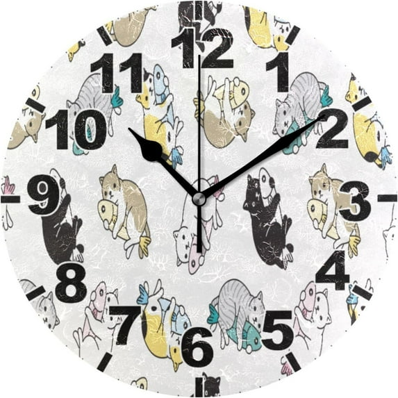 Cat Hug Fish Round Wall Clock, Battery Operated Silent Non Ticking Desk Clock for Home Bedroom Kitchen Office School Wall Clock 9.9 Inch Home Decor