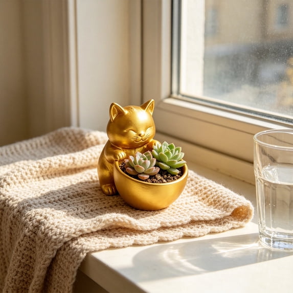 Cat Hugging Succulent Planter with Drainage Hole Cute Cat Flower Pot Small Plastic Plant Container Indoor Desktop Windowsill Home Office Decor Gift for Plant Lovers