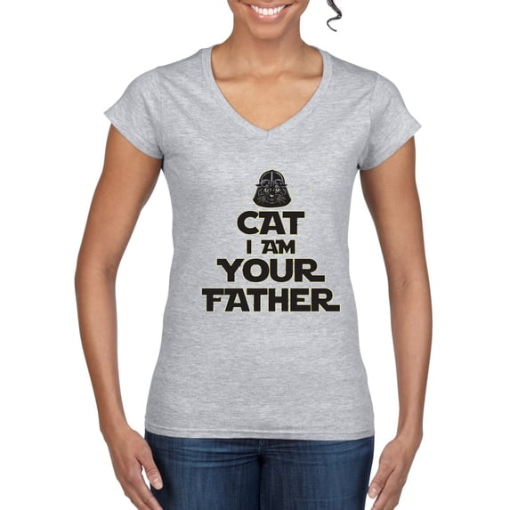 Cat I Am Your Father Cat Lover Women’s Standard V-Neck Tee, Heather Grey, Small