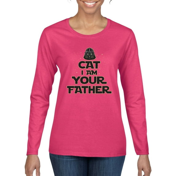 Cat I Am Your Father Cat Lover Womens Graphic Long Sleeve T-Shirt, Fuschia, Small