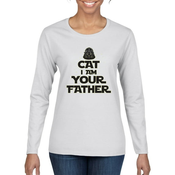 Cat I Am Your Father Cat Lover Womens Graphic Long Sleeve T-Shirt, White, Medium
