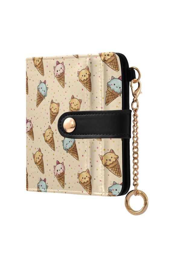 Cat Ice Cream Small Wallet for Women RFID Blocking Bifold PU Leather Credit Card Holder with Zipper Coin Pocket Compact Cute Travel Purse Magnetic Snap 7 Card Slots