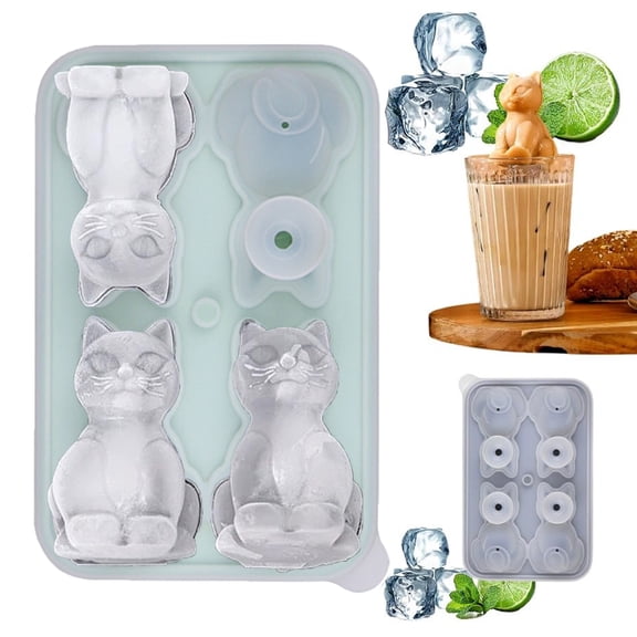 Cat Ice Cube Tray - Silicone Cat Shape Ice Mold - 4-Cavity Fun Ice Maker - for Cocktails Whiskey Drinks - Cute Animal Design - Green
