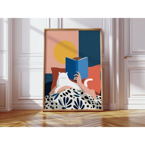 Cat Illustrated With Woman Reading Book Cat Cute Animal Art Poster ...