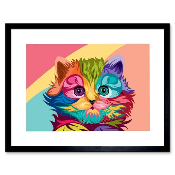 Cat Illustration Cute Colourful Art Print Framed Poster Wall Decor 9x7 inch