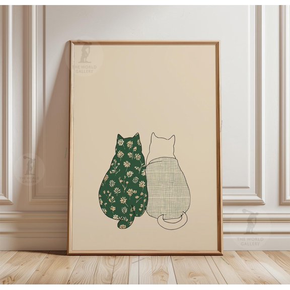 Cat Illustration Print Floral Check Patterned Cats Minimalist Wall Art