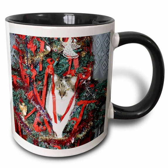 3drose, Cat in a Decorative Christmas Tree on Table, 15oz Two-tone Black Mug