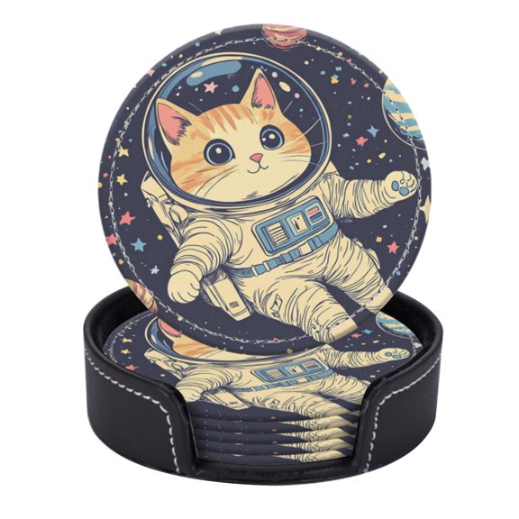 PU Leather Coasters for Drinks Bar Beer,Set of 6 with Holder,Round Housewarming Gift,Cat In Astronaut Suit Floating Among Stars And Planets4