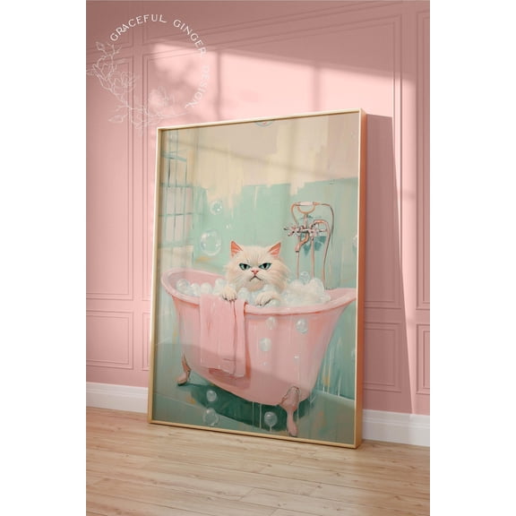 Cat In Bathtub Print, Pink Teal Bathroom Wall Art Home Decor #2395, Unframed Poster Size 24x36