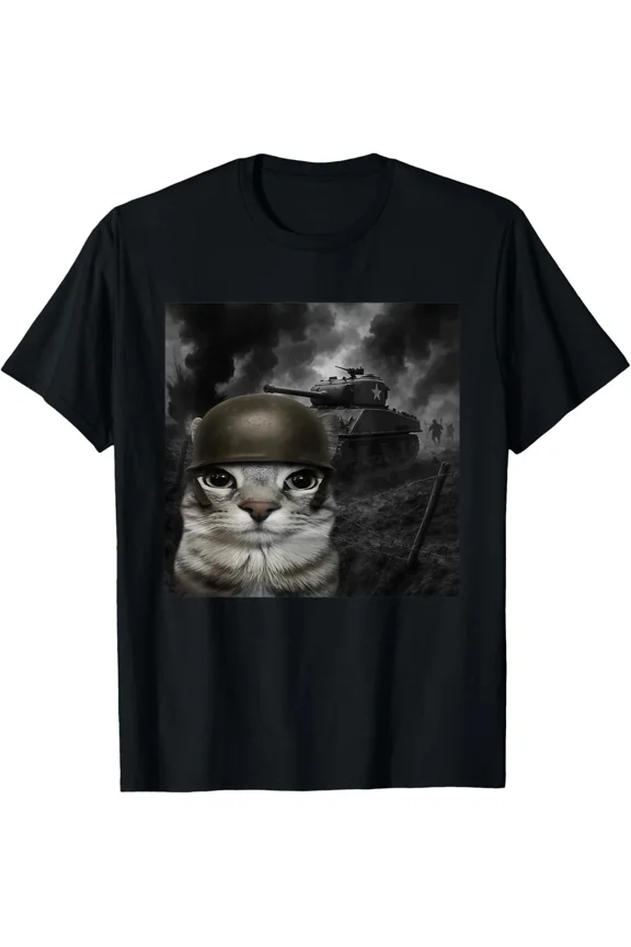 Cat In Battlefield Gen Z Silly Cat Meme War Gamer Art Unisex T-Shirt, up to size 5XL