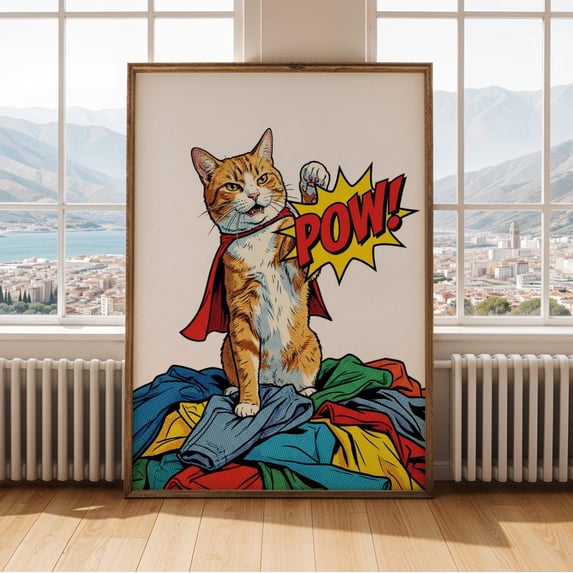 Cat In Cape Pop Art Poster, Orange And Black, Comic Book Style, Nature ...
