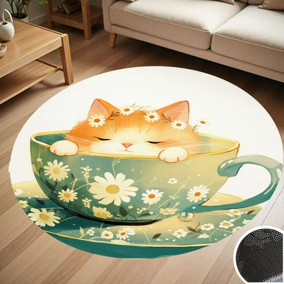 Cat In Floral Teacup Round Carpet Living Room Bedroom Home Decoration Coffee Table Mat Lounge Rug Chair Mats