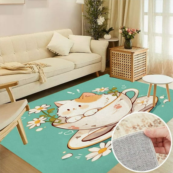 Cat In Floral Teacup Soft Large Area Rugs Washable Rug With Non-Slip Backing Carpet For Living Room Bedroom Kitchen