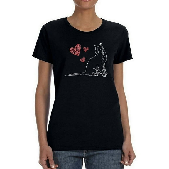 Cat In Love Sketch Hearts Around Medium Front Graphic Women Black T-Shirt, Female Small