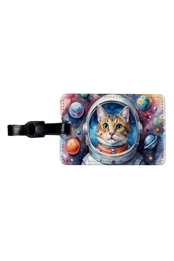 Cat In Space Funny Tabby Watercolor Faux Leather Travel Luggage Tag