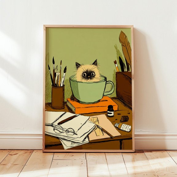 Cat In Teacup Desk Illustration Artist Cat Artwork