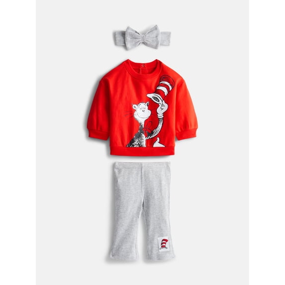 Cat In The Hat Baby Girl's Crewneck with Flare Legging and Bow Headband, Sizes 0/3M-24M