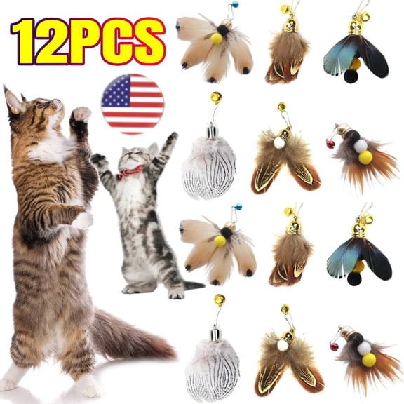 Cat Insect Feather Toys Replacement Cat Toy Wand Refills, 12 Pieces Natural Insect Cat Toy Feathers Refill, Interactive Cat Teaser Wand Attachments, with Bell