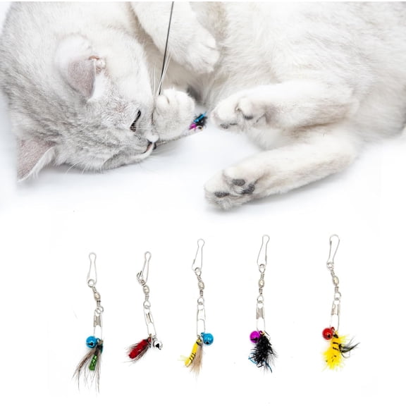 Cat Insects Toy Wand Refiils for Indoor Cats, 5 Pcs Cat Small Fly Toys with Bells for Cat Teaser, Feather Toys for Indoor Cats and Kittens Toys, Small Bugs Set