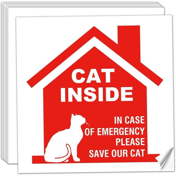 Cat Inside Alert Sticker for Fire Emergency Rescue - 8 Pack 5x5 Inch Waterproof Vinyl Decals for Window & Door - Pet Safety Warning Sign