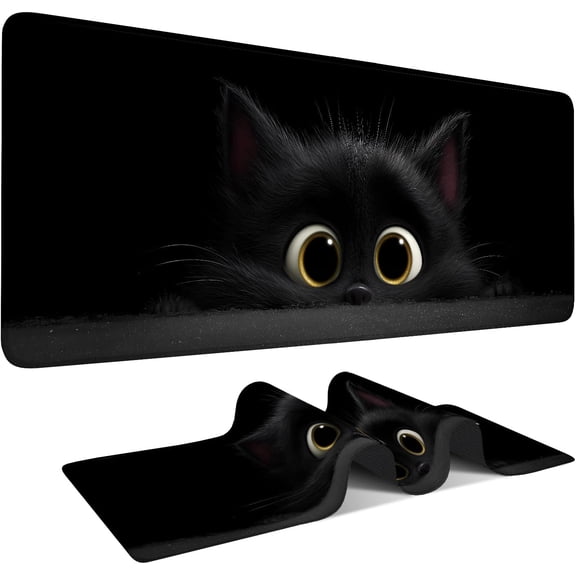 Cat-Inspired Extended Mouse Pad XL 31.5"x11.8" – Large Black Cat Desk Mat – Non-Slip Rubber Base, Stitched Edges