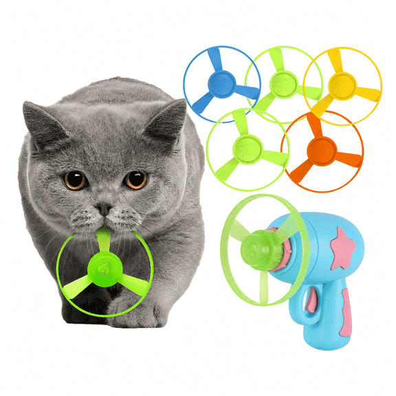 Cat Interactive Fetch Toy Set, 1 Launcher + 5 Flying Discs Toy, Cat Track Toy for Training Exercise Chasing Interactive Toys for Indoor Play, Blue