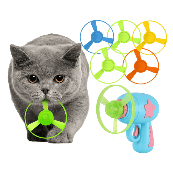 Cat Interactive Fetch Toy Set, 1 Launcher + 5 Flying Discs Toy, Cat Track Toy for Training Exercise Chasing Interactive Toys for Indoor Play, Blue