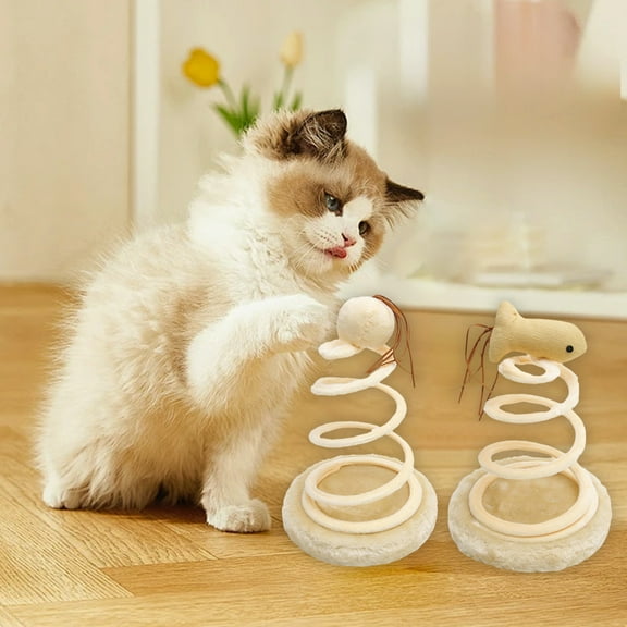 Cat Interactive Toy | Fuzzy Polyester Spring Plate Base | Fish Top | Durable Cotton Linen Center | Scratch & Play Exercise Enrichment | 15x15x21cm | Beige | 1-Pack