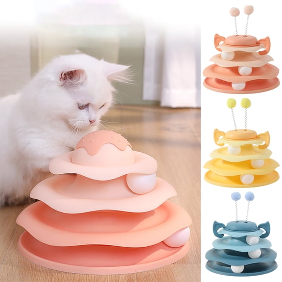 Cat Interactive Turntable Toy | 3-Layer Spinning Balls Track | 360° Rotating Exercise & Play | Durable Eco-Friendly Plastic | Non-Slip Base | Pink Blue Yellow | 25x25x16cm | 1 Pack