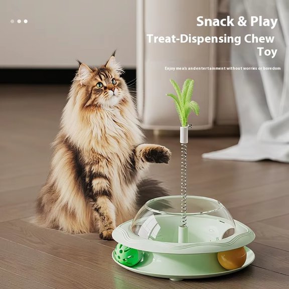 Cat Interactive Turntable Toy with Spring Feather Teaser, Self Play Rotating Puzzle Disc for Indoor Cats, Boredom Relief Exercise Enrichment Toy