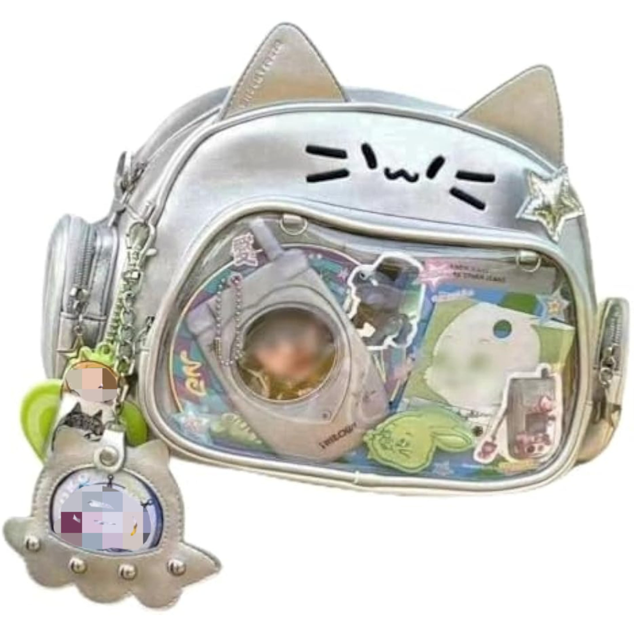 Cat Ita Bag with Clear Pin Window, Cute Anime Backpack, Pin Display Backpack, Kawaii Japanese PU Leather Y2k Aesthetic Shoulder Bag