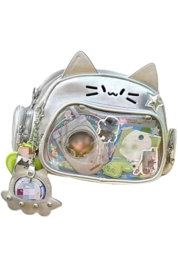 Cat Ita Bag with Clear Pin Window, Cute Anime Backpack, Pin Display Backpack, Kawaii Japanese PU Leather Y2k Aesthetic Shoulder Bag
