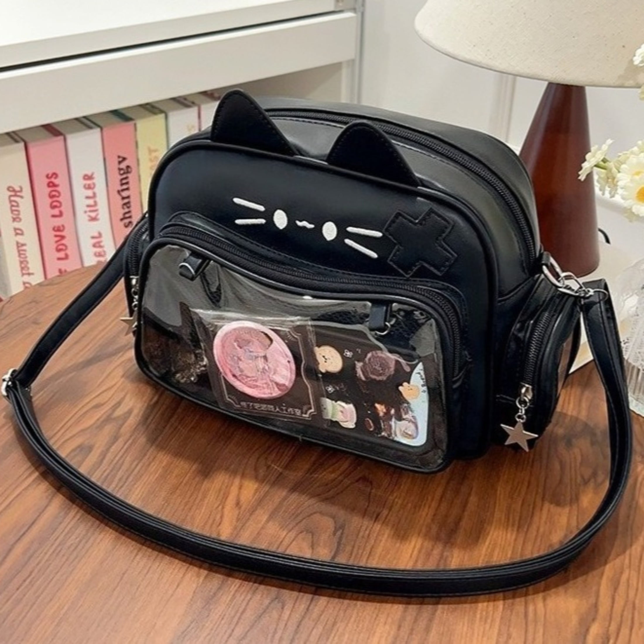 Cat Ita Bag with Clear Window - Kawaii Cat Backpack Purse, PU Leather Pin Display Bag, Adjustable Crossbody Bag for Cosplay, Christmas Halloween Gift