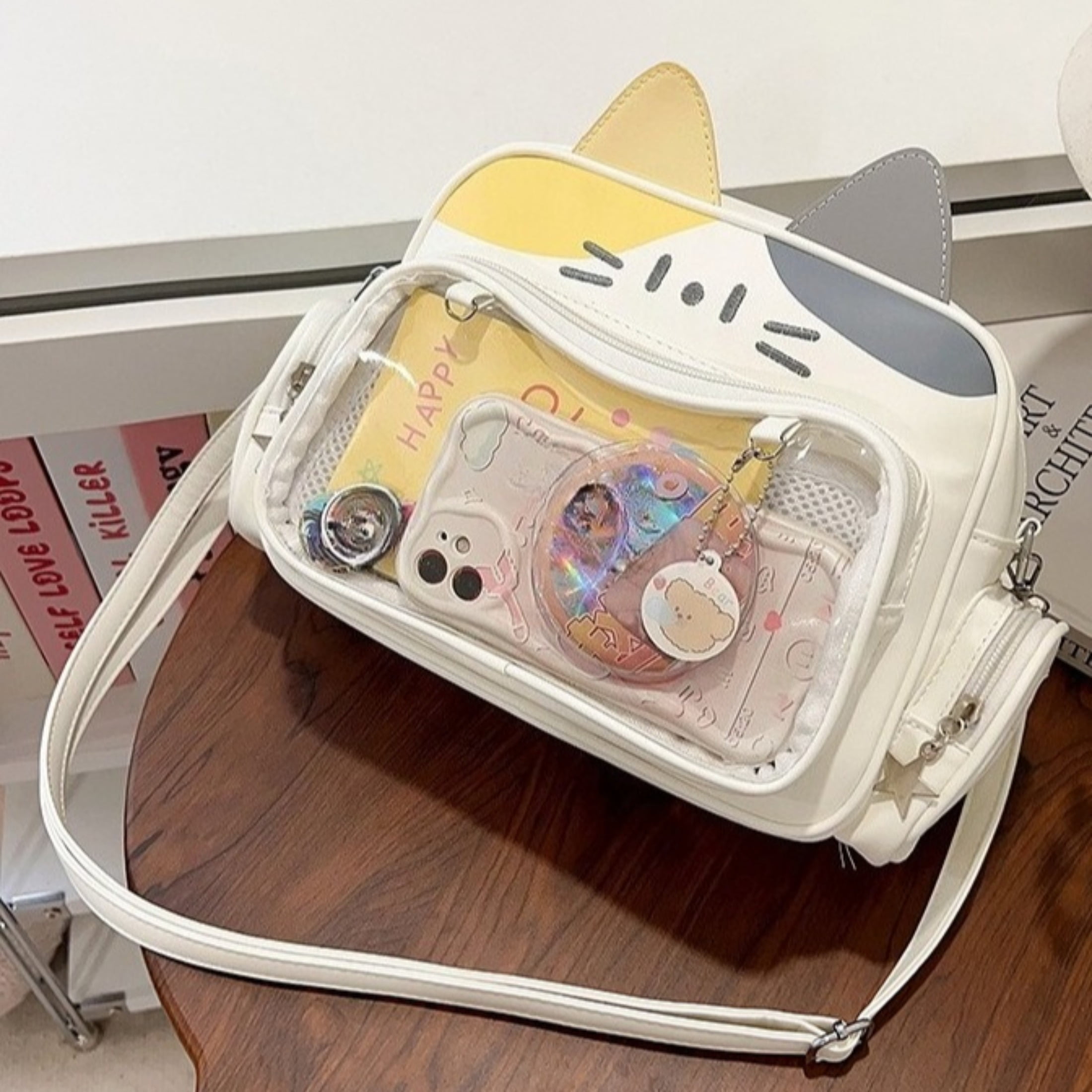Cat Ita Bag with Clear Window - Kawaii Cat Backpack Purse, PU Leather Pin Display Bag, Adjustable Crossbody Bag for Cosplay, Christmas Halloween Gift